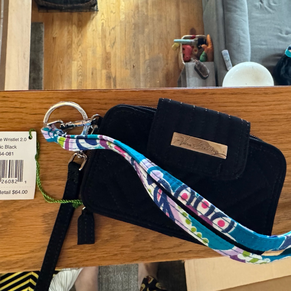Vera Bradley Black Quilted Wristlet with Lanyard